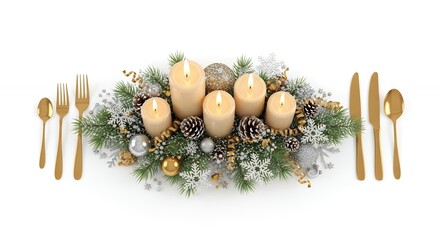 Elegant Holiday Table Setting with Lit Candles, Evergreen Centerpiece, Golden Cutlery, and Christmas Ornaments