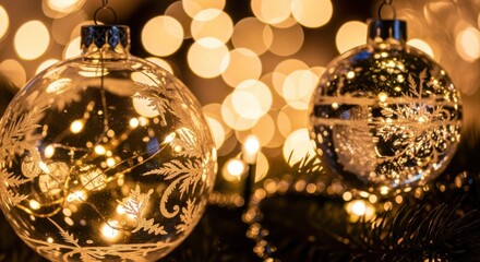 Elegant glass Christmas ornaments glowing with warm light and intricate designs evoke a festive holiday mood, perfect for seasonal promotions