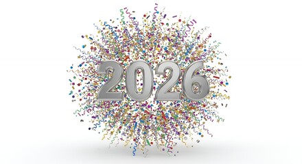 2026 Celebration: Silver Numbers with Bursting Colorful Confetti and Streamers on White