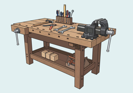 Wooden Workbench With Tools And Vise In Workshop.