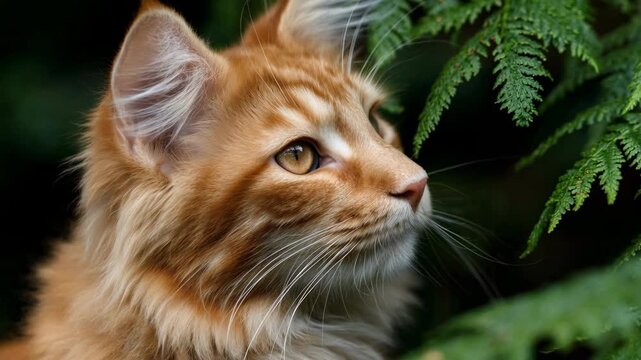 Ginger longhair cat portrait with golden eye and whisker detail among green fern leaves, curious serene profile close up with soft fur texture