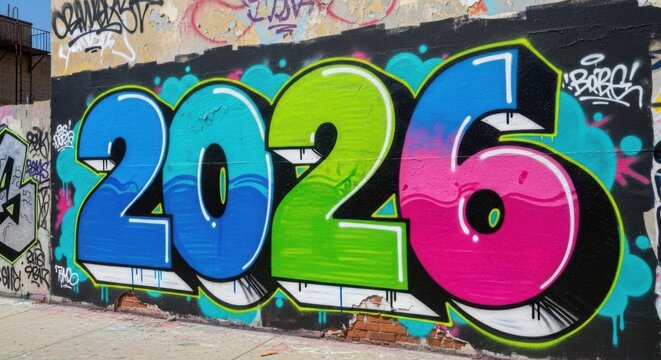 Vibrant 2026 graffiti art on weathered brick wall with bright colors, perfect for urban projects and creative designs, adding bold street style appeal. - Powered by Adobe