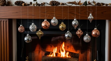 Cozy Christmas atmosphere with fireplace and ornaments, feel the warmth and joy of the holidays, perfect for family gatherings and festive cheer