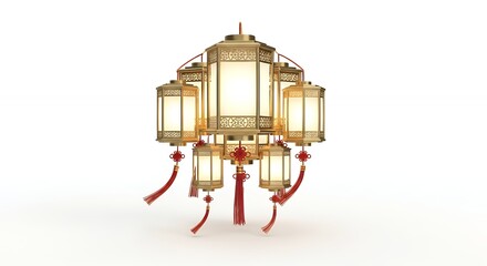 Ornate Golden Chinese Lantern Chandelier with Red Tassels on White Background