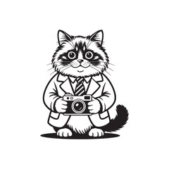 Professional Photographer Cat Holding Camera Fluffy Feline in Suit Taking Pictures Animal Portrait on White Background
