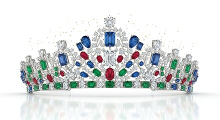 Regal sparkling tiara adorned with colorful gemstones and brilliant diamonds. Elegant luxury jewelry crown on white background.