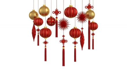 Chinese New Year decorations: traditional red lanterns, gold baubles, and festive tassels for Lunar New Year celebration on white.