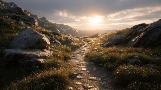 Sunset hiking trail across open tundra with rocky terrain and distant snow capped mountains scenic wilderness landscape background for travel adventure and nature concepts - Powered by Adobe