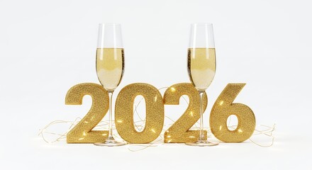 New Year 2026 Celebration with Champagne Flutes and Golden Lit Numbers