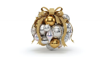Festive Gold and Silver Christmas Ornaments Tied with a Ribbon on White Background