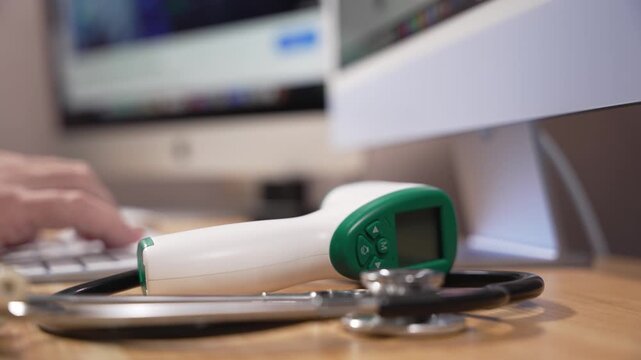 Digital thermometer and stethoscope lie on a wooden desk in front of a computer in a medical office. The camera slowly moves from right to left across the scene.
