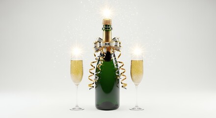 Sparkling Celebration: Champagne Bottle, Golden Ribbons, and Flutes on White Background