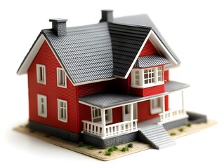 Small red house model with white accents and a detailed roof sits on a flat surface