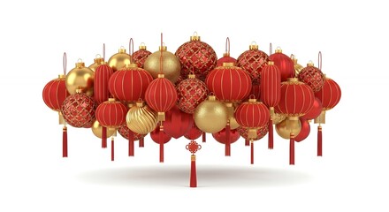 Vibrant Red & Gold Chinese Lanterns & Ornaments for Lunar New Year & Asian Celebration Decor. Isolated 3D Render.