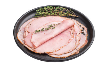 Delicate cured pork slices paired with fresh thyme on a black dish against a white background highlighting texture and color.