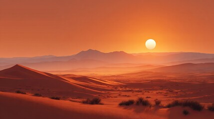 Vibrant orange and red sand dunes in golden sunset light desert landscape background with dramatic sky and soft shadows travel nature concept