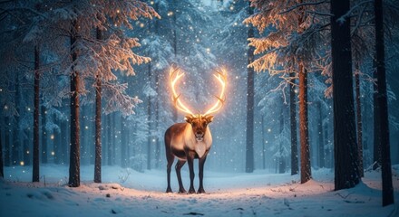 A majestic reindeer with glowing antlers stands in a snowy forest