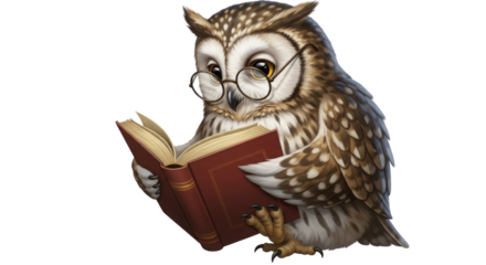 Owl wearing glasses reading a book isolated PNG with Transparent Background