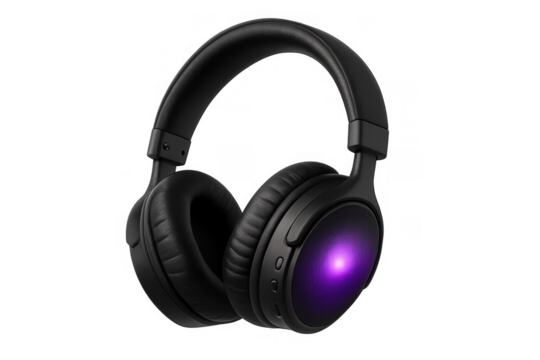 Black wireless over-ear headphones with a glowing purple light, representing modern sound entertainment and digital audio equipment