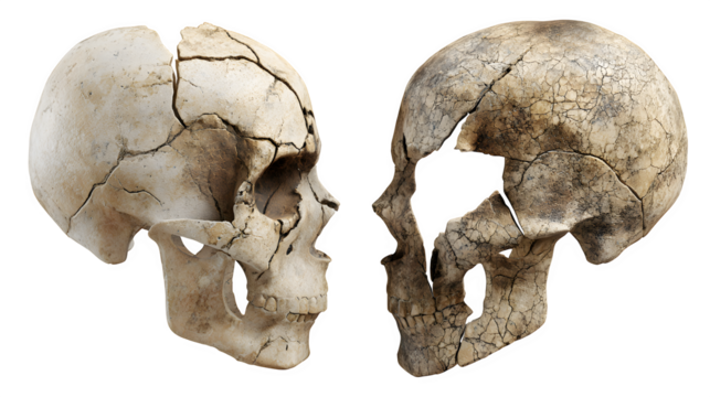 Intricate cracked skulls face each other, revealing fragility and history, evoking mortality and the passage of time, perfect for educational or artistic projects