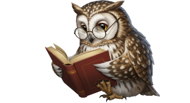 Owl wearing glasses reading a book isolated PNG with Transparent Background