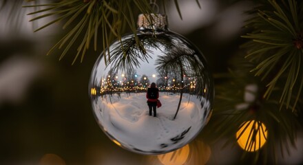 Shiny Ornament Reflects Person in a Snowy Winter Park