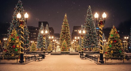 Magical winter evening with sparkling Christmas decorations