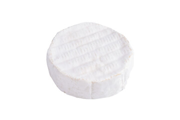 Whole round soft cheese with a white bloomy rind captured on a clean light background for a minimal fresh food aesthetic.
