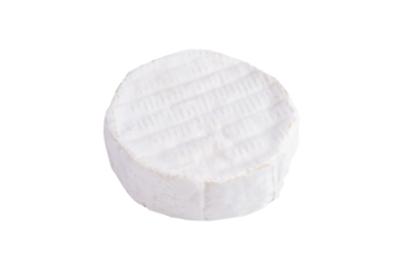 Whole round soft cheese with a white bloomy rind captured on a clean light background for a minimal fresh food aesthetic.