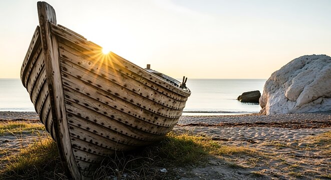 Old wooden fishing boat stranded on the beach at sunrise scenic view