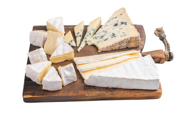 Assortment of Brie Camembert and Roquefort arranged on a rustic wooden board against a bright minimal background for a gourmet look.
