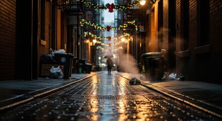 Festive lights illuminate a wet urban alley at night