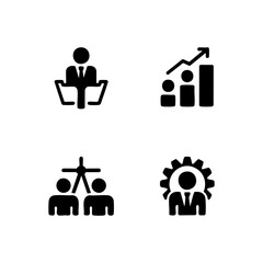 Business development icon set featuring teamwork, leadership, skills growth, checklist planning, partnership, performance improvement, career success, and professional management symbols.