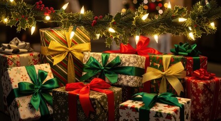 Festive Christmas presents with colorful ribbons under twinkling lights create a cozy holiday atmosphere for joyful celebrations and gift-giving moments