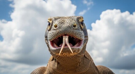 Komodo Dragon CloseUp Bifurcated Tongue Against Blue Sky.