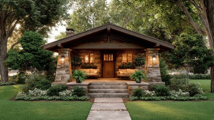 Fototapeta premium A charming stone cottage with a welcoming porch, surrounded by lush greenery and a manicured lawn.