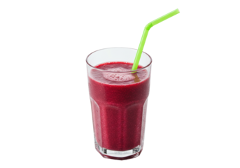 A photorealistic ruby red high-viscosity health shake with creamy white foam in a minimalist glass tumbler and a neon green straw, isolated on a transparent background. Concept for premium healthy