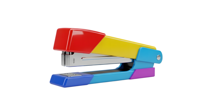 3d illustration of colorful stapler isolated on transparent background, office supply concept