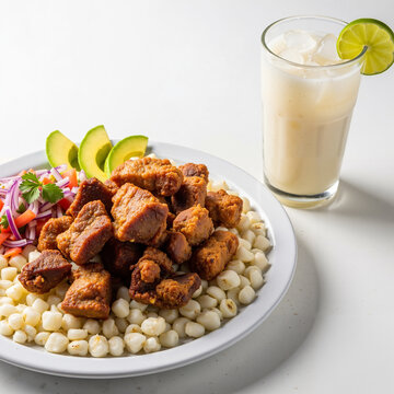 Ecuador - Fritada (fried pork with hominy) on round white plate with guan&aacute;bana juice  