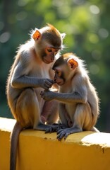 Fototapeta premium Two young monkeys are grooming each other closely. One monkey gently tends to the other in a peaceful jungle setting. Sunlight filters through green leaves creating a warm glow on their fur.