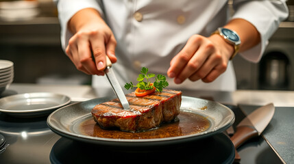 Chef in hotel or restaurant kitchen cooking only hands. Prepared beef steak with vegetable decoration.