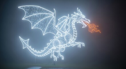 A luminous wireframe dragon breathes fiery light in the darkness