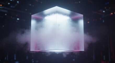 Ethereal cube glowing in mystic fog, perfect for futuristic tech concepts or modern abstract art projects with a sleek, minimalist aesthetic