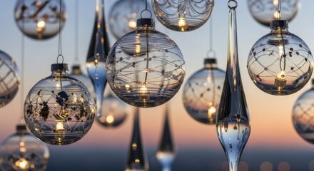 Elegant glass globes sparkle with evening light