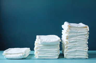 Three neat stacks of folded white cloth diapers arranged on blue table. Background solid dark blue wall. Items represent baby care, hygiene essentials for newborns. Visual conveys cleanliness,