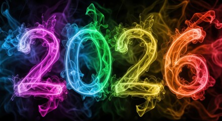 Stunning 2026 new year design with vibrant colorful smoke trails on black background, celebrating the future with dynamic energy and modern style