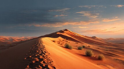 Vibrant orange and red sand dunes in golden sunset light desert landscape background with dramatic sky and soft shadows travel nature concept