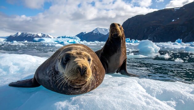 Two sea lions on a glacier with mountains and icebergs