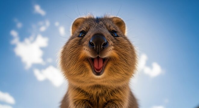Up Close and Personal A Smiling Quokka Against a Blue Sky Backdrop. - Powered by Adobe