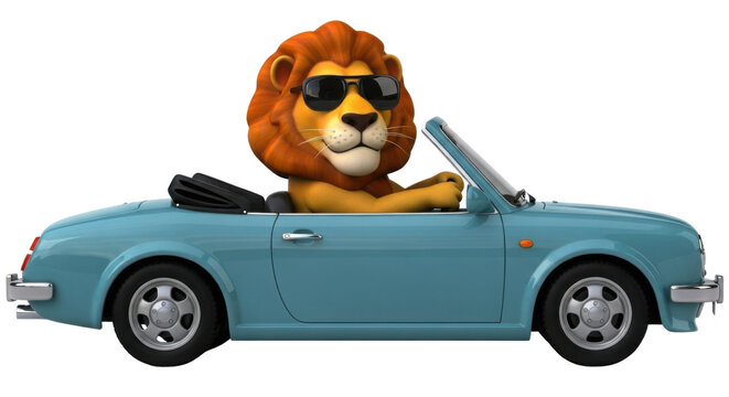 Cartoon lion driving a convertible car isolated PNG with Transparent Background - Powered by Adobe